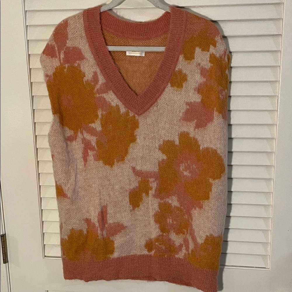 Maeve-Anthropologie Loppy Floral V-Neck Oversized Sweater - Pink and Orange